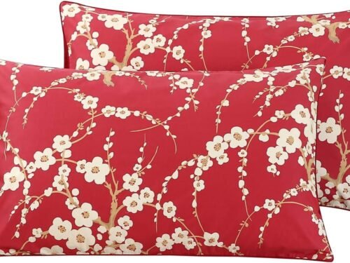 Red Plum Blossom & Beige Print Pillowcase