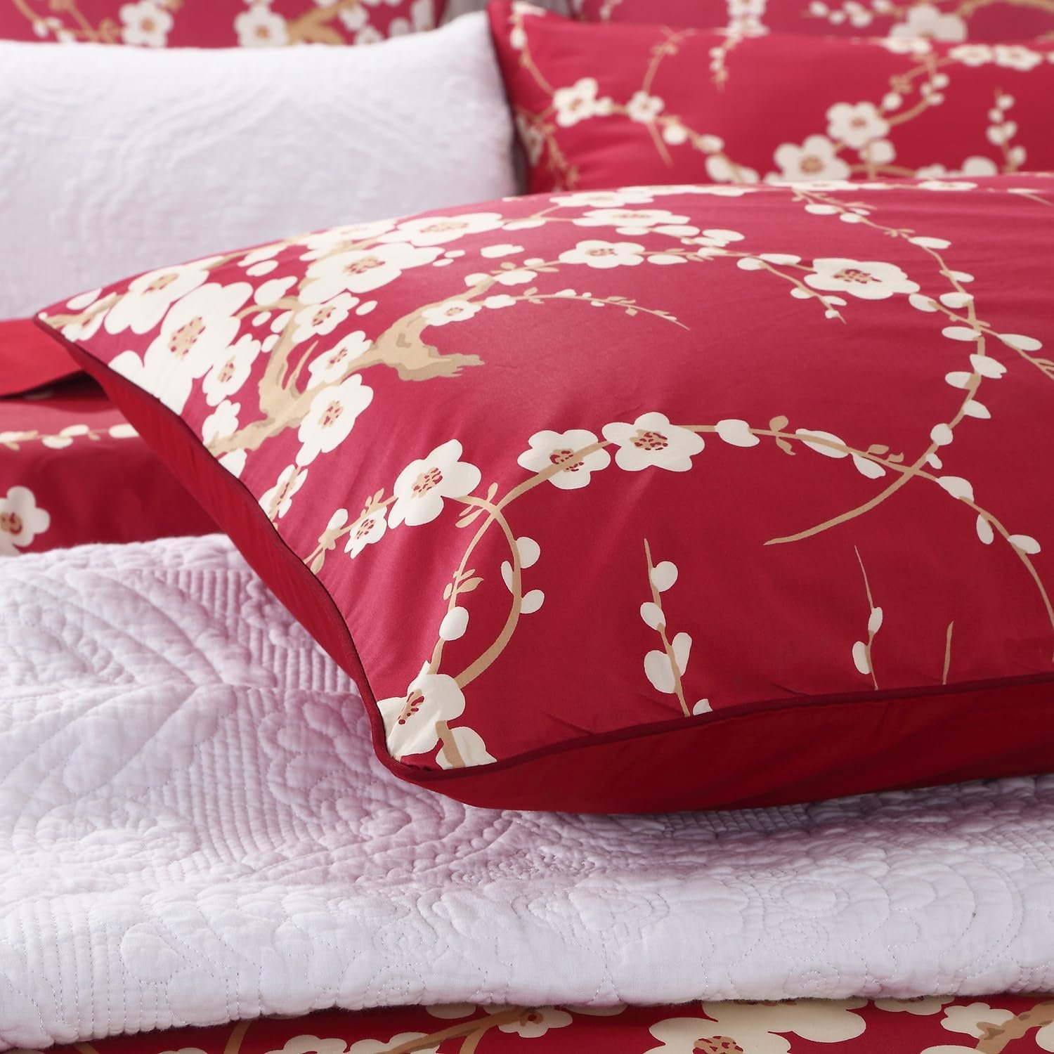 Red Plum Blossom & Beige Print Pillowcase - Image 2