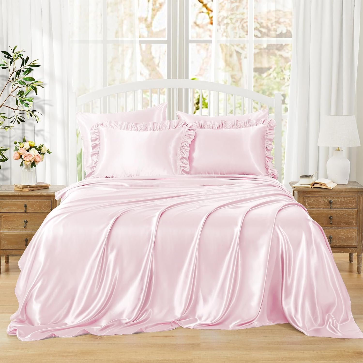 Pink Ruffled 6-Piece Silk Bedding Set - Image 2