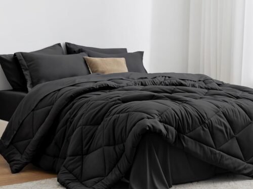 Queen Comforter Set Black, 7 Pieces Queen Bed in a Bag, All Season Bedding Sets with 1 Comforter, 1 Flat Sheet, 1 Fitted Sheet, 2 Pillowcase and 2 Pillow Sham | Soft