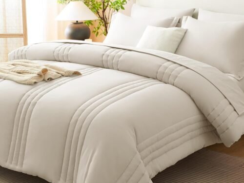 Queen Comforter Set Beige - 7 Pieces Bed in a Bag, Modern Vertical Quilted Room Decor, Soft All-Season Bedding Gift with Comforter, Sheets, Pillowcases & Shams