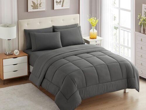 Collection 5 Piece Comforter Set Bag Solid Color All Season Soft Down Alternative Blanket & Luxurious Microfiber Bed Sheets, Gray, Twin