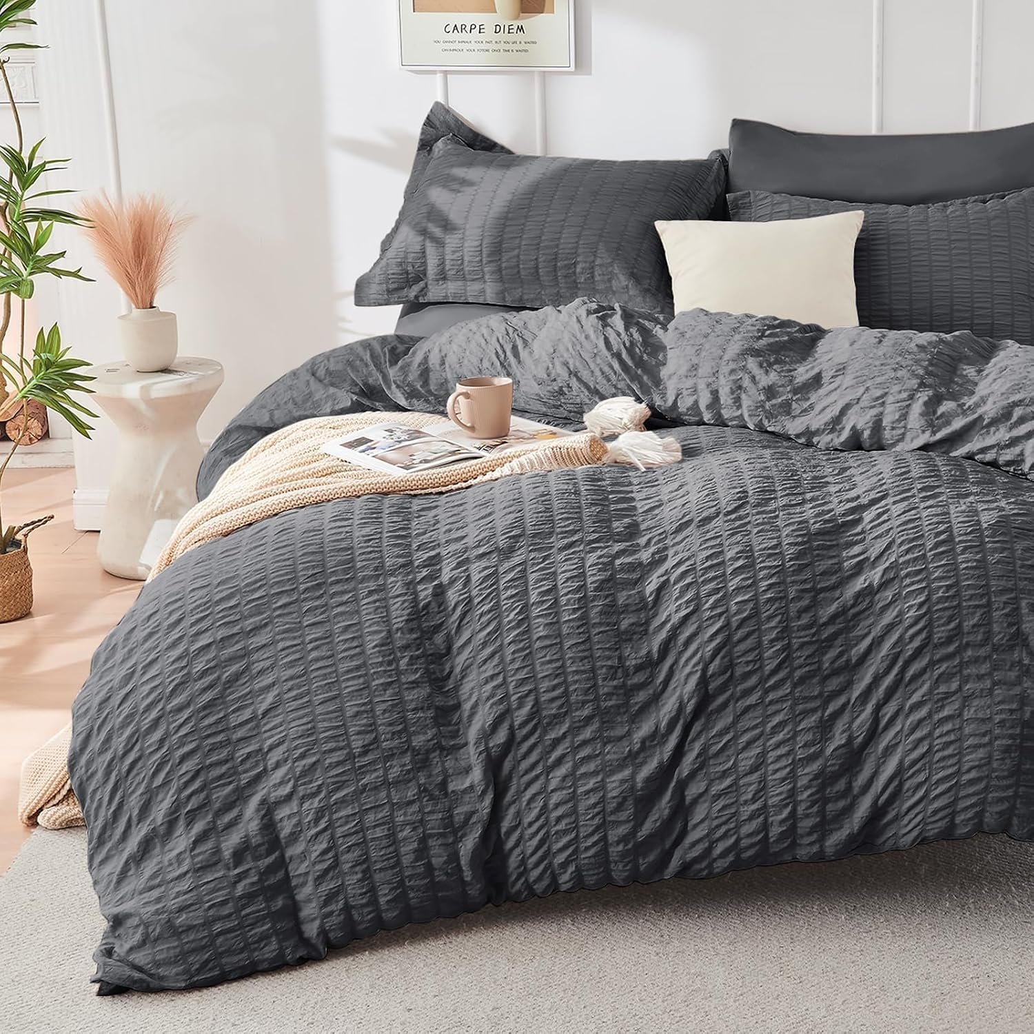 Queen Comforter Set 7 Pieces, All Season Luxury Bed in a Bag for Bedroom, Bedding Set with Comforters, Sheets, Pillowcases & Shams, Dark Grey - Image 2
