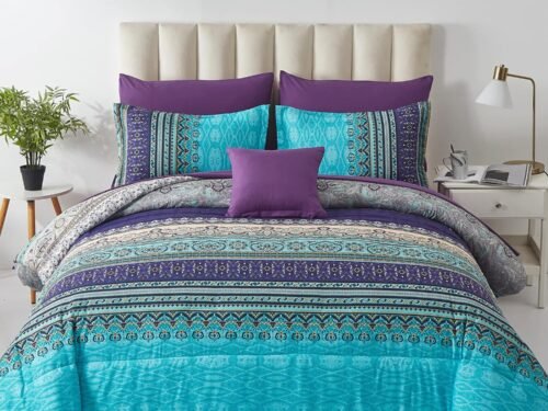 Boho Comforter Set Queen Size 8 Piece Bed in a Bag Bohemian Striped Bedding Quilt Set Aqua Paisley Floral Comforter and Sheet Set,Soft Microfiber Complete Bedding Sets for All Season
