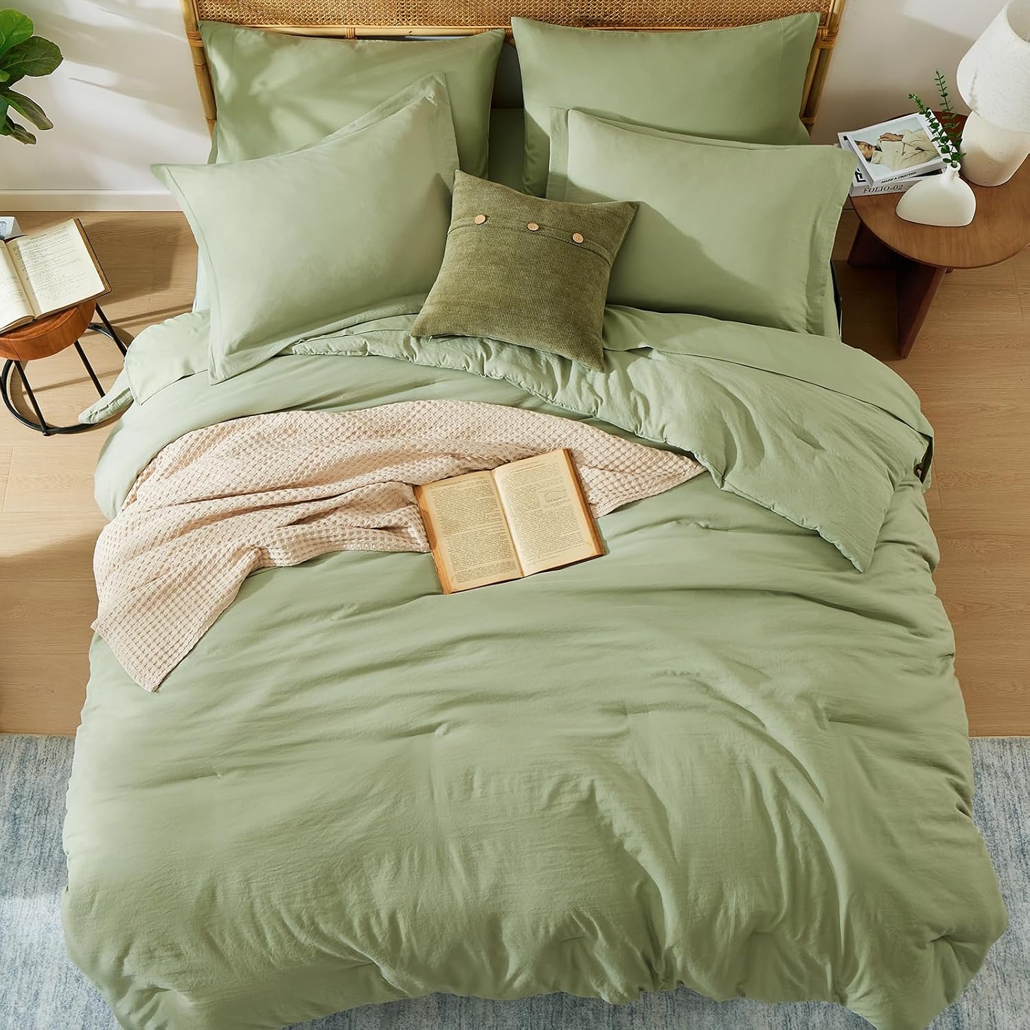 Queen Comforter Set - 7 Pieces Sage Green Soft Bed in a Bag Queen with Fitted Sheet, Flat Sheet, 2 Pillow Shams, and 2 Pillowcases- Queen Bedding Sets for All Season - Image 2