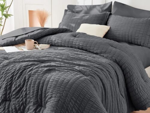 Queen Comforter Set  7 Pieces, All Season Luxury Bed in a Bag for Bedroom, Bedding Set with Comforters, Sheets, Pillowcases & Shams, Dark Grey