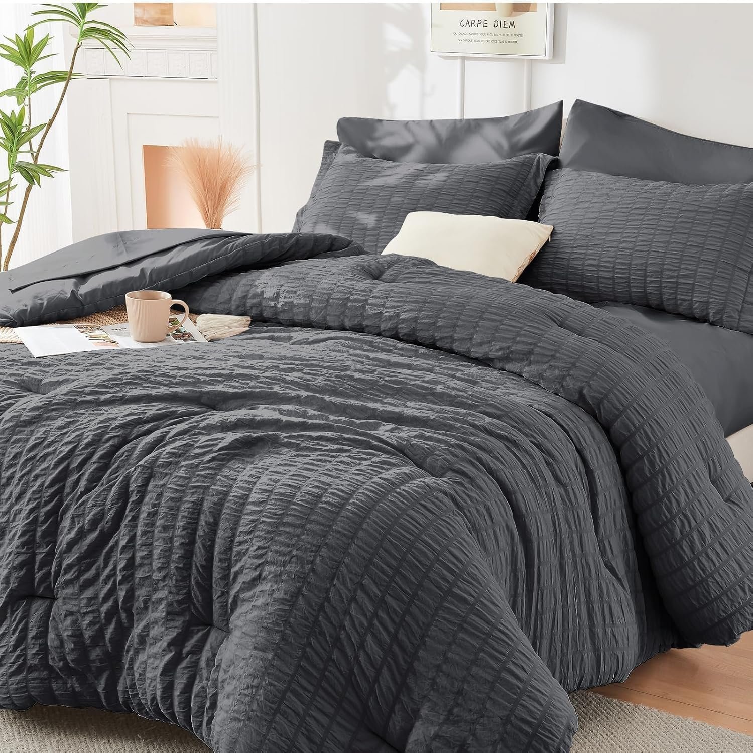 Queen Comforter Set 7 Pieces, All Season Luxury Bed in a Bag for Bedroom, Bedding Set with Comforters, Sheets, Pillowcases & Shams, Dark Grey