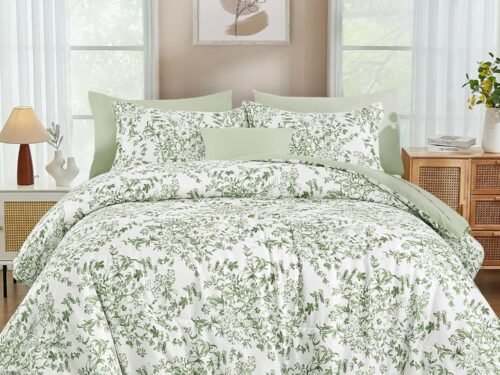 8 Pieces Queen Size Comforter Set Green, Sage Green Floral Bed in a Bag Comforter Sets, Soft Reversible Botanical Flowers Bedding Sets for All Season (90"x90")