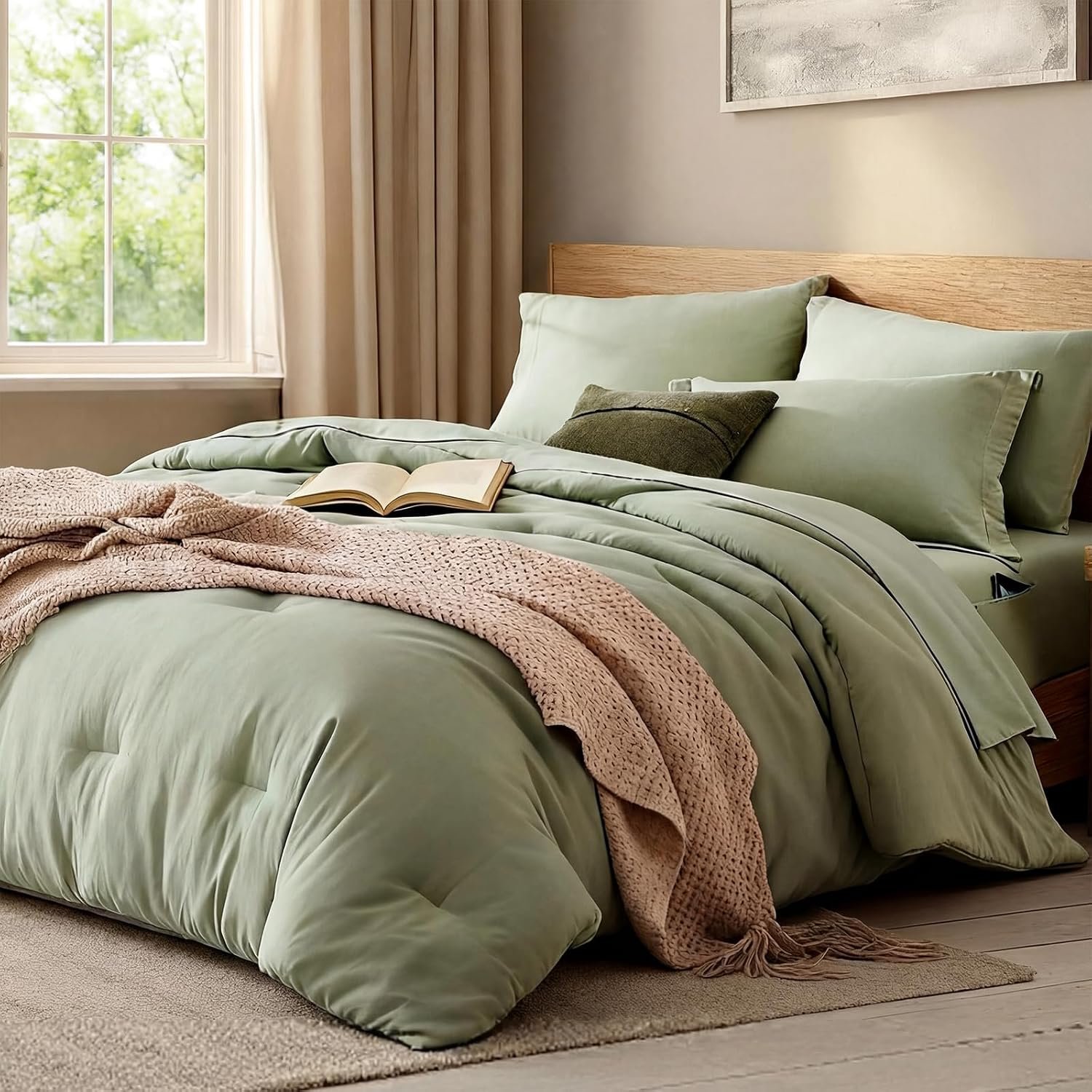 Queen Comforter Set - 7 Pieces Sage Green Soft Bed in a Bag Queen with Fitted Sheet, Flat Sheet, 2 Pillow Shams, and 2 Pillowcases- Queen Bedding Sets for All Season