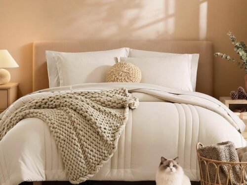 Queen Comforter Set - 7 Pieces Beige Bed in a Bag Queen Bedding Sets with Comforters, All Seasons Comforter Bed Set with Sheets, Pillowcases & Shams