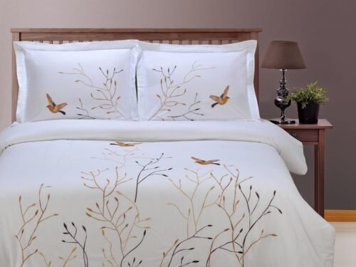 Tree & Bird Embroidered Cotton Pillowcase