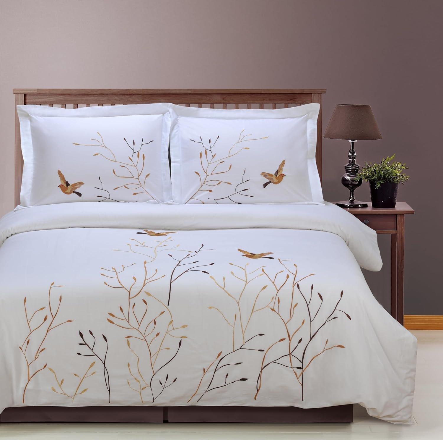 Tree & Bird Embroidered Cotton Pillowcase