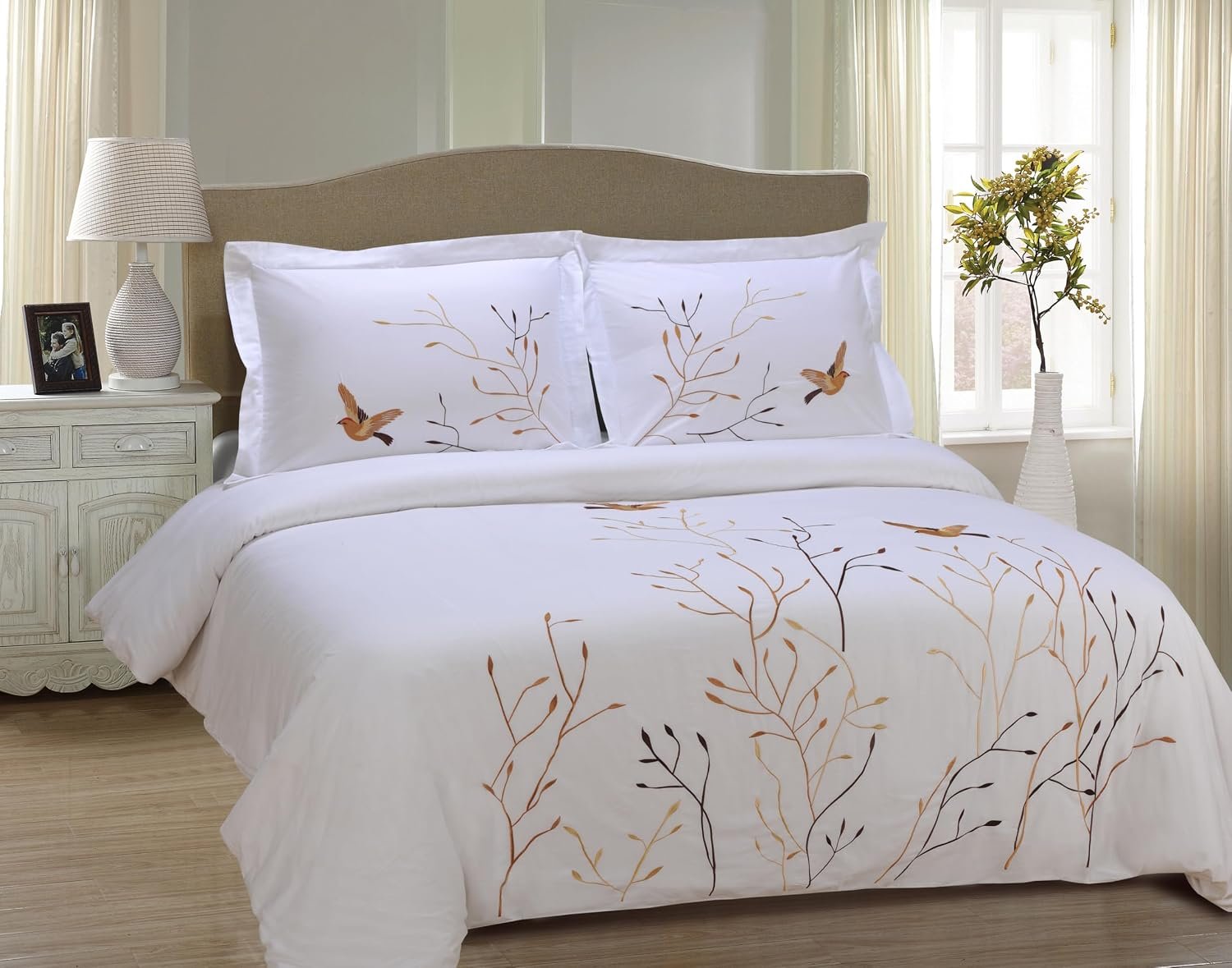 Tree & Bird Embroidered Cotton Pillowcase - Image 2
