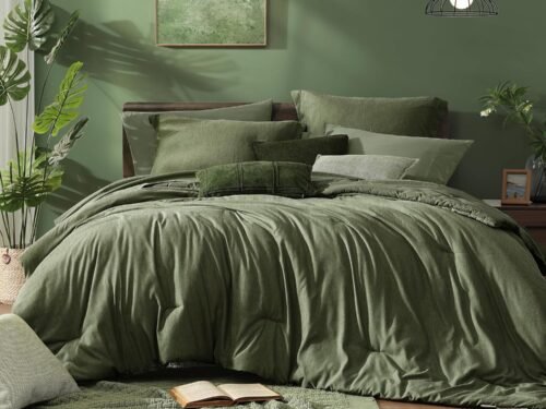 King Size Comforter Set, Olive Green King Bed Set Reversible, King Size Comforter Set 7 Pieces, Cationic Dyeing Bed in a Bag with Comforter, Sheets, Pillowcases & Shams