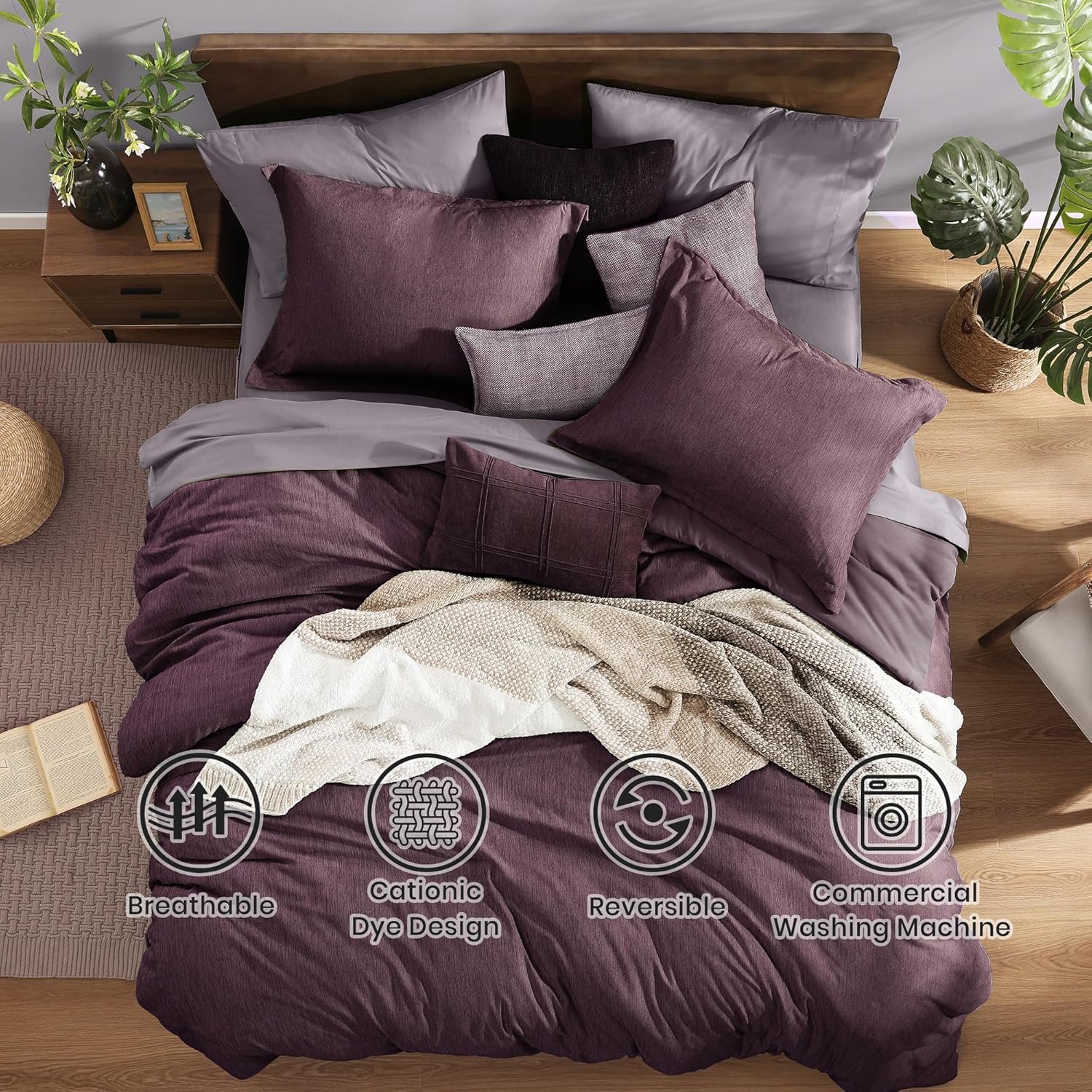 Queen Comforter Set - 7 Pieces Cationic Dyeing Italian Plum Bed in a Bag Queen Bedding Sets with Comforter, Sheets, Pillowcases & Shams, Reversible Bedding Comforters Sets - Image 2