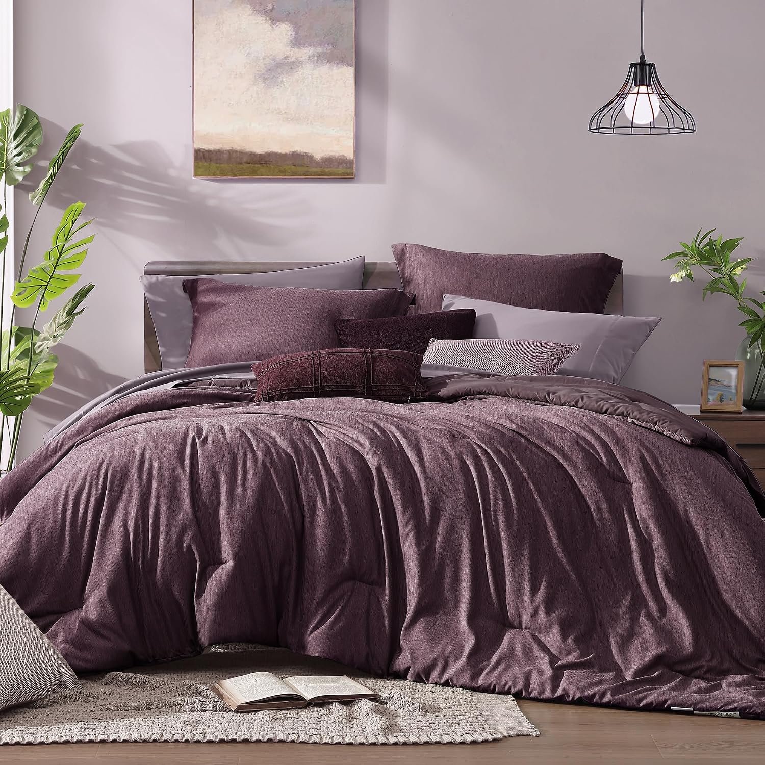Queen Comforter Set - 7 Pieces Cationic Dyeing Italian Plum Bed in a Bag Queen Bedding Sets with Comforter, Sheets, Pillowcases & Shams, Reversible Bedding Comforters Sets